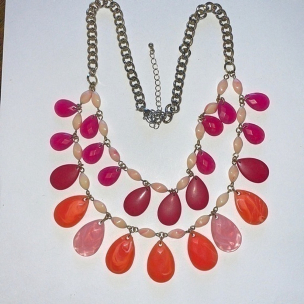 Pink & Orange Silver Statement Dangle Beaded Neck… - image 1